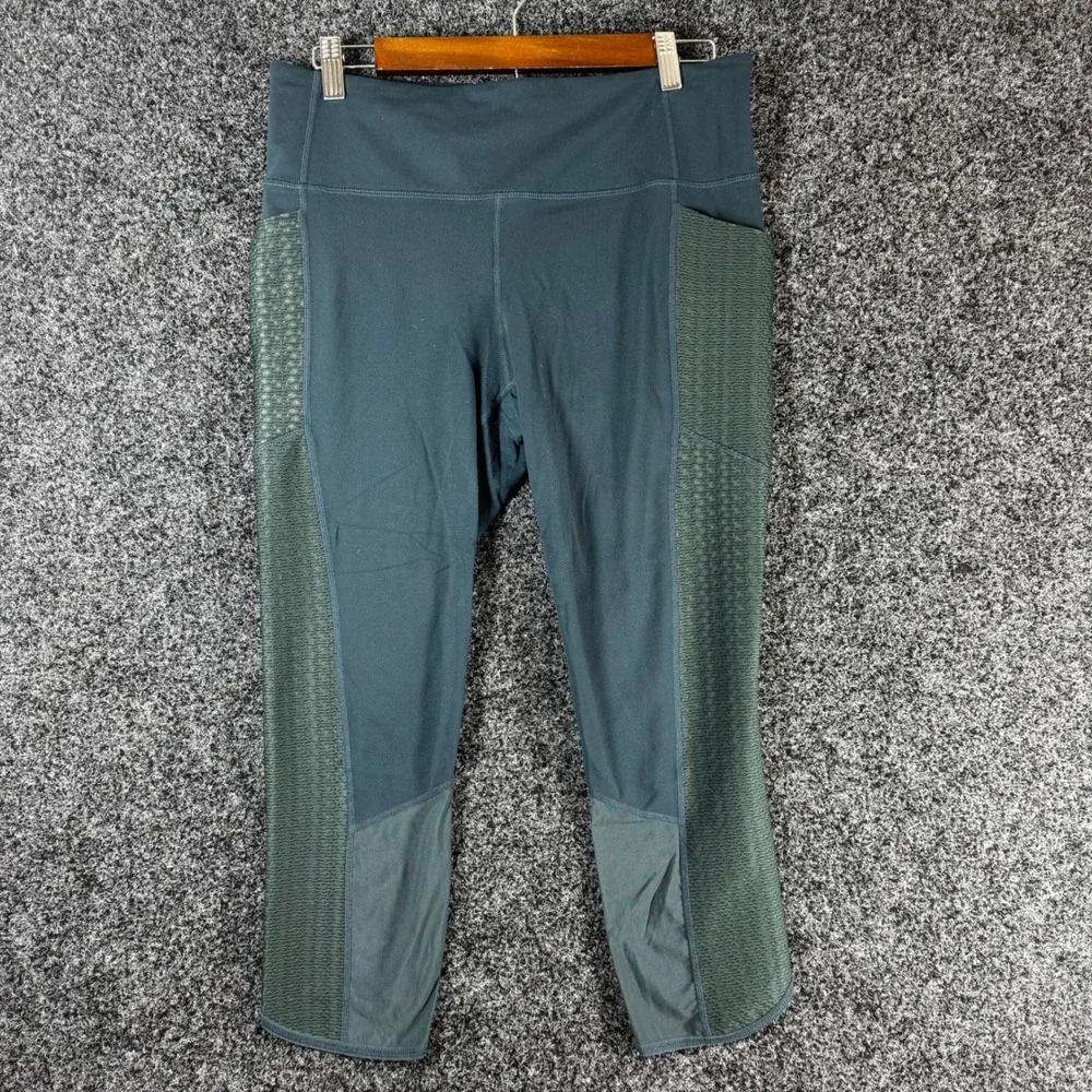 Athleta Womens Large Teal Green Mesh Textured Crop Leggings Pockets High Rise